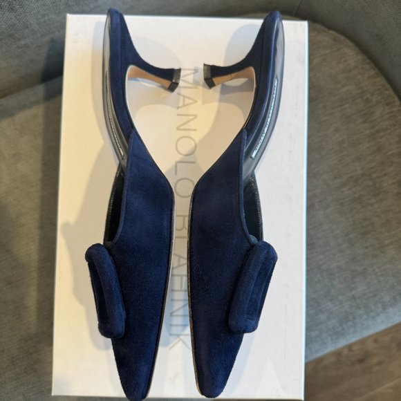Manolo Blahnik Maysale 50 Navy Blue Suede Kitten Heel Mules - Picture 5 of 13